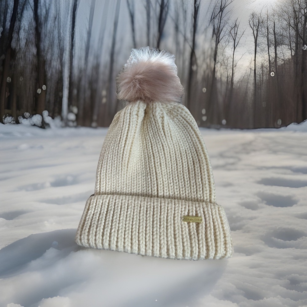 Steve Madden Creme Knit Hat Beanie with Pink Pompom & Gold Logo